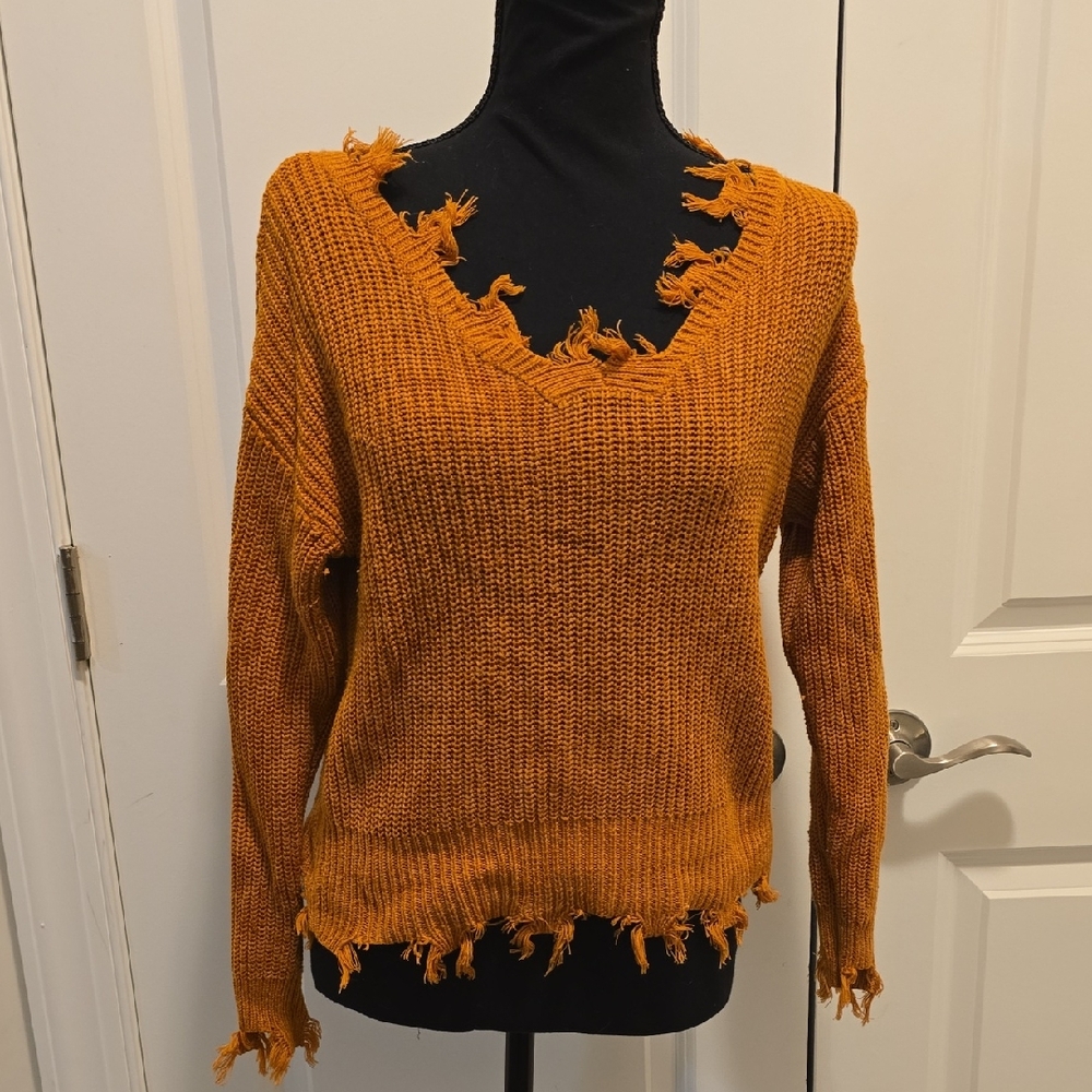 Cozy Frayed Hem V-Neck Sweater in Orange